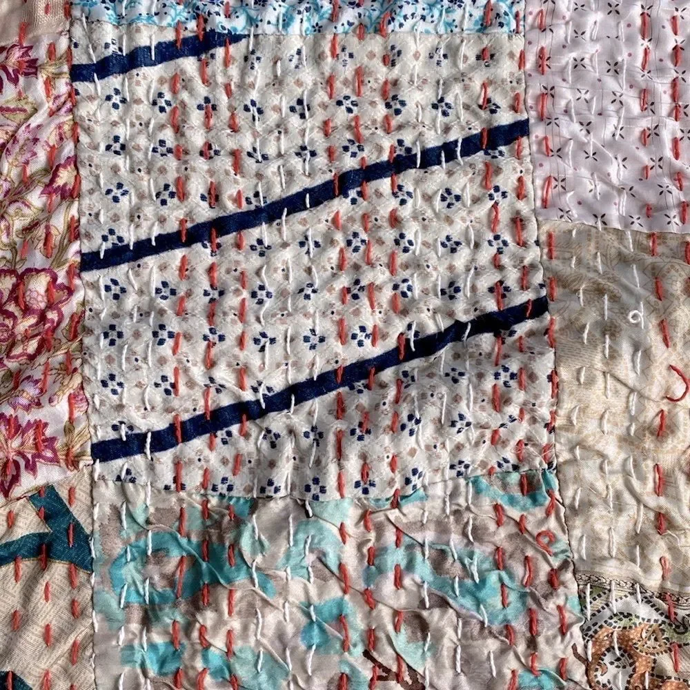 Kantha Silk Blend Throw Blanket Patchwork Quilt Multicolor  66” x 86”